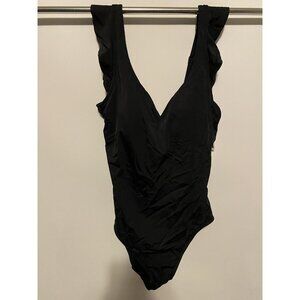 Time and Tru Women's Ladies XL 16 18 Ruffle Straps Black One Piece Swimsuit NEW